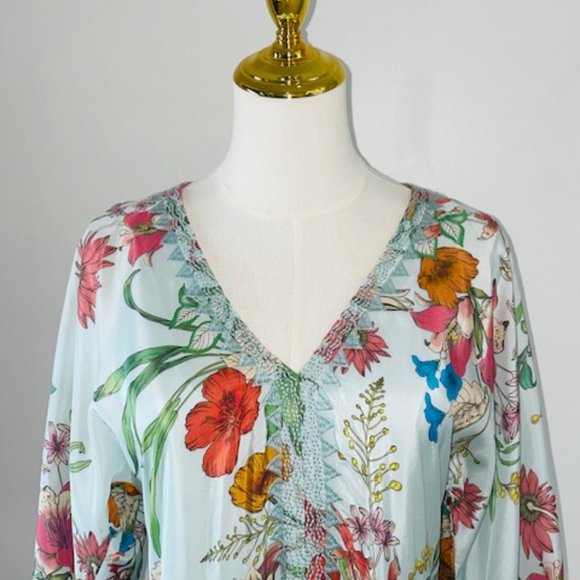 Johnny Was Medium Blue Floral Maxi long silk Dress, Boho Vintage - Picture 3 of 5